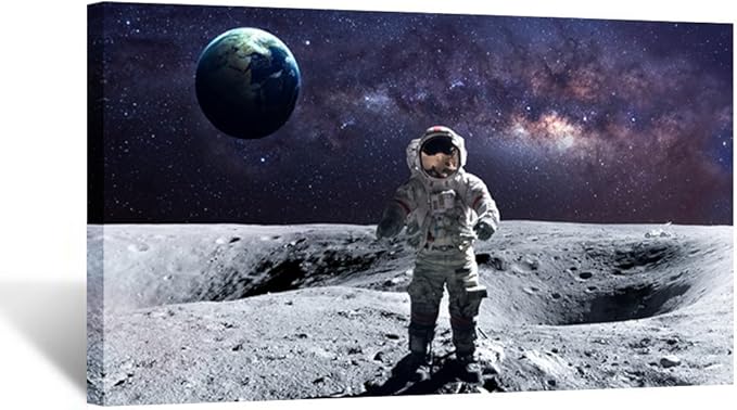 KREATIVE ARTS - Astronaut Standing on the Moon Overlooking Planet Earth Poster Canvas Print Wall Art Landscape Picture Printed on Canvas NASA Home Decoration Giclee Artwork Ready to Hang 20''x36''
