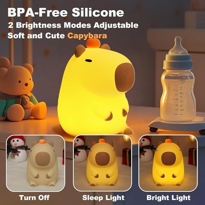 Capybara Kids Night Light, Portable USB Rechargeable Animal Light Touch Control Light, Silicone Night Light with Timer Function, Christmas Gift for Kids