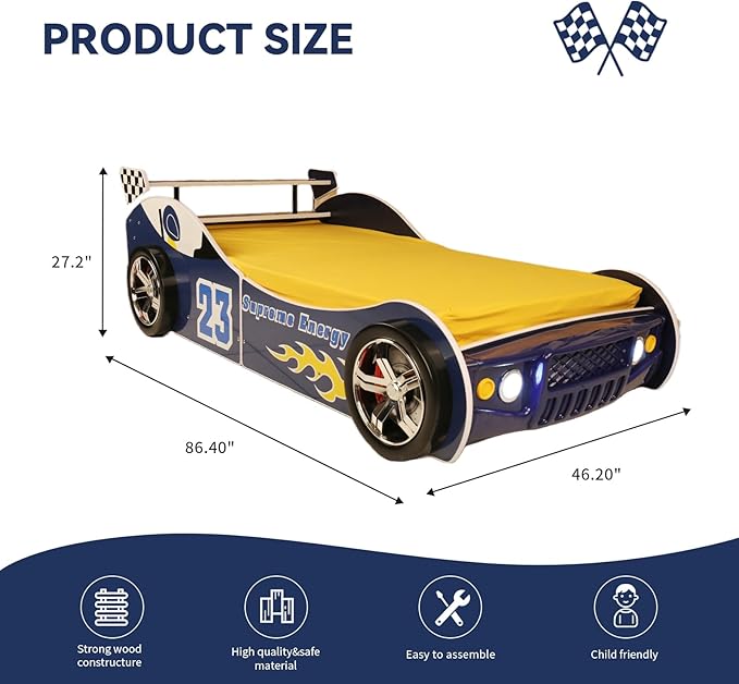 HMFULE Twin Bed Frames for Kids, Wood Race Car-Shaped Bed Frame Platform with Wheels LED Lights & Slat Support for Toddler, Teens, Boys or Girls, No Box Spring Needed (Blue)