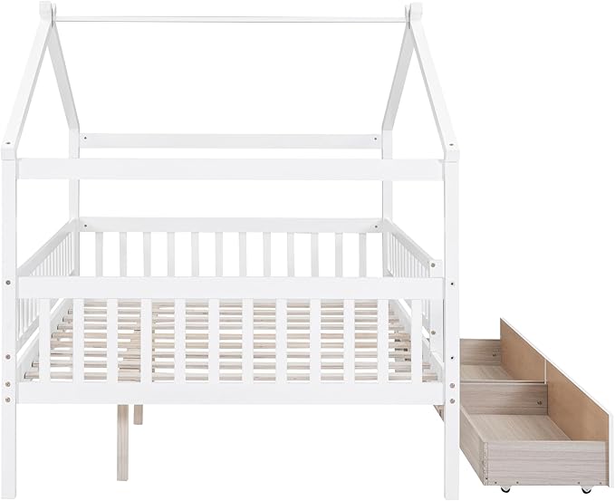 Merax Full Size Wooden House Bed with Two Drawers, Wood Bed Frame with Roof and Safety Guardrail for Kids, Teens, Boys or Girls, White