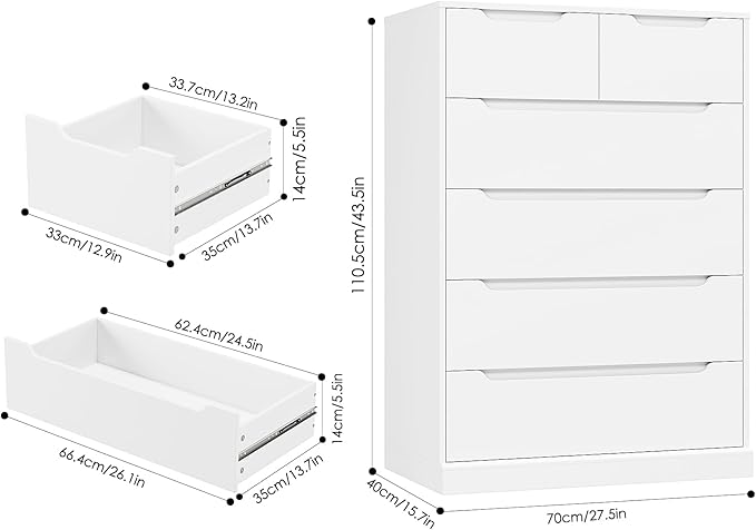 HOSTACK Modern 6 Drawer Dresser for Bedroom, Tall Chest of Drawers with Storage, Large Wood Storage Chest Organizer with Cut-Out Handle, Accent Storage Cabinet for Living Room, Entryway, Classic White