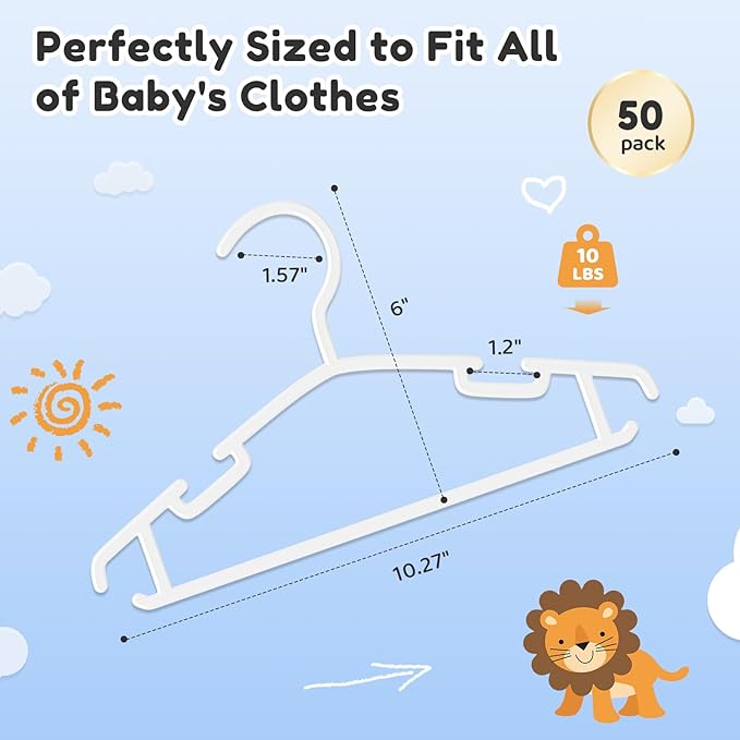 Baby Hangers 50 Pack Non-Slip Kids Plastic Hangers for Closet, Space Saving Toddler Hanger for Infant Clothing, Childrens Hanger for Child, White