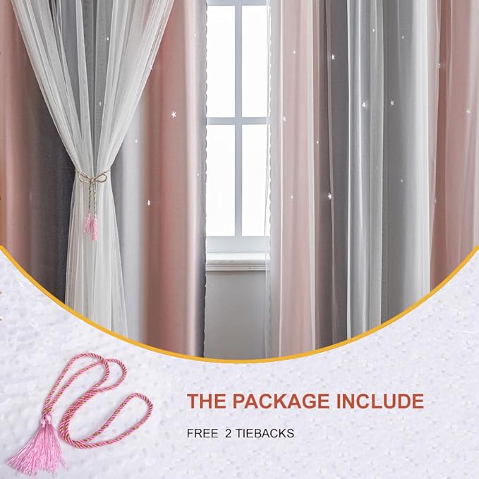 Star Girl and Kids Curtains for Bedroom Rainbow Ombre Double Layer Cute Shot Nursery Darkening Grommet Princess Room Décor 2 Panels Living Room Window Curtain (Pink Grey52W x 72L)