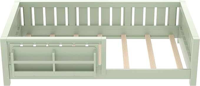 Bellemave Twin Size Floor Bed with high Rails and with Built-in Bookshelf for Kids, Girls, Boys, Wood Montessori Floor Bed Without Door, Avocado Green