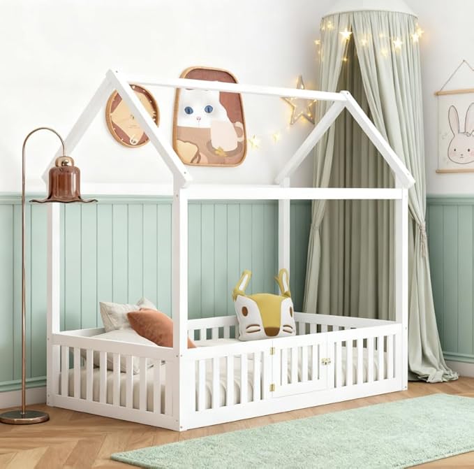 Bellemave Twin House Bed for Kids, Wooden Kids bedframe with Rails and roof, Montessori Floor beds, White with Door no slats