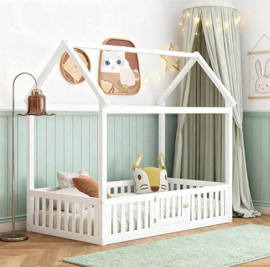 Bellemave Twin House Bed for Kids, Wooden Kids bedframe with Rails and roof, Montessori Floor beds, White with Door no slats