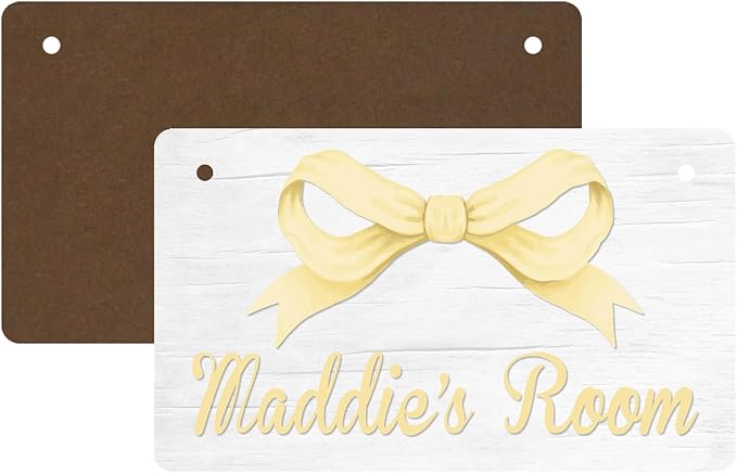 Personalized Yellow Bow Kids Room Door Sign Custom Name Girls Boys Bedroom Decor Toddler Baby Nursery Wood Art Wall Plaque 12x6 Inches