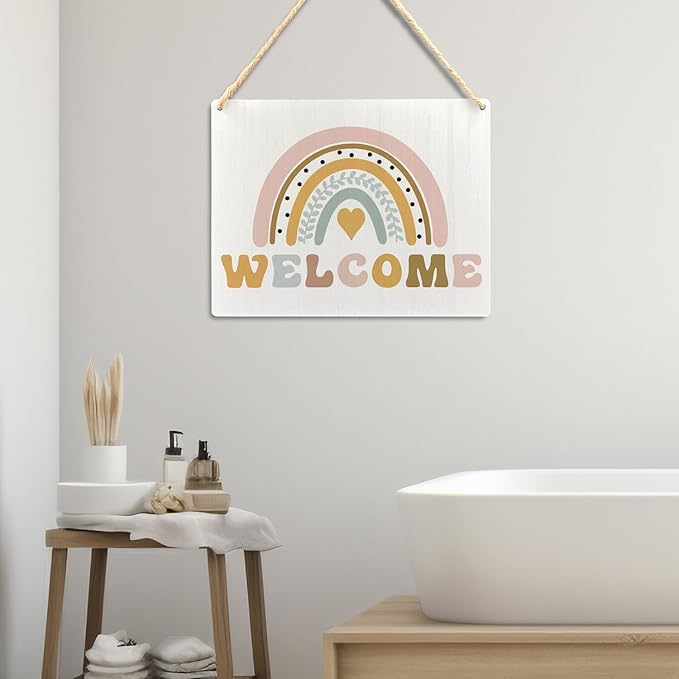 Ryeolo Boho Rainbow Welcome Wooden Plaque Sign for Classroom Wall Hanging, Door Decor, 10.2x7.8 Inches, 12X6