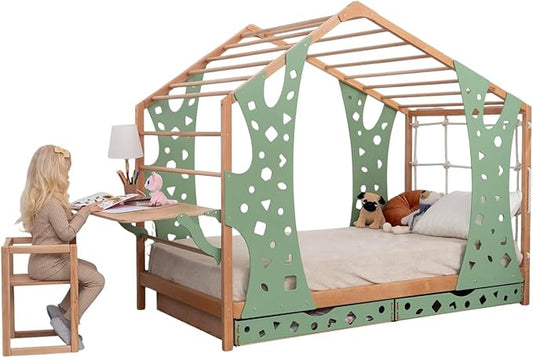 BUSY WOOD Monkey Bed – Twin Frame with Storage & Foldable Table – Montessori Indoor Playground – Jungle Gym Furniture for Kids – Toddler Sleeping Frame with Drawers