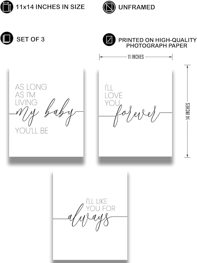 Govivo I'll Love You Forever Modern Typography Wall Print, Set of 3 Minimalist Wall Decor for Nursery, Above Crib Art, Baby Shower New Parent Gift - 11x14 unframed print