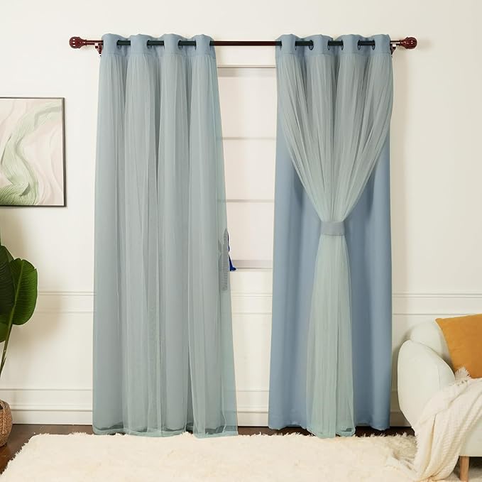 INLINAS 52 x 96 Inch Blackout Curtains with Sheer Overlay - Grommets Thermal and Noise Reduction Panels for Bedroom and Living Room Light Blocking and Energy Saving, Sky Blue, Set of 2