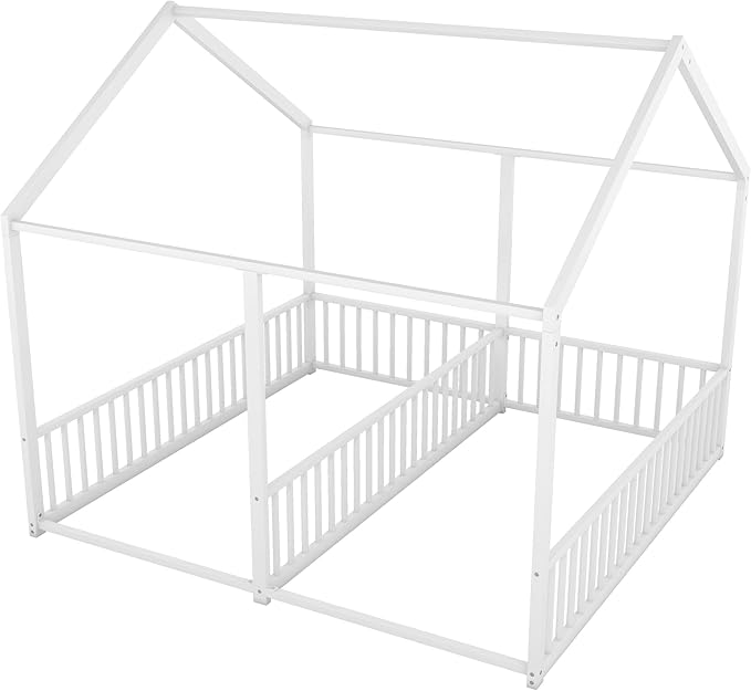 Harper & Bright Designs Metal Twin Size House Platform Bed Frame for Boys Girls Kids Adults Toddler, Two Shared Beds, White