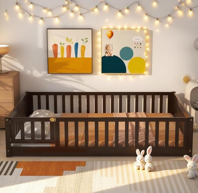 Bellemave Full Size Floor Bed for Kids, Girls, Boys, Rubber Wood Floor Bed with slats and Door, Espresso