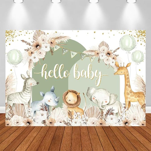 Hello Baby Backdrops Boho Floral Pampas Grass Baby Shower Photography Background Balloon Animals Party Decorations Banner Photo Booth Props(Green, 7x5ft)