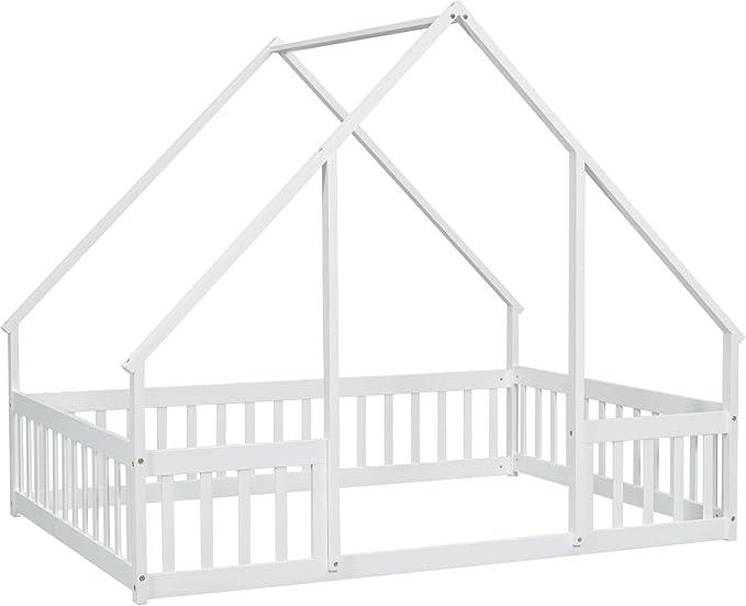 Bellemave Full Floor Bed for Kids, Girls, Boys, Wood House Bed Frame, House Floor Bed for Kids, Full Size Montessori Floor Bed with Fence, Playhouse, White