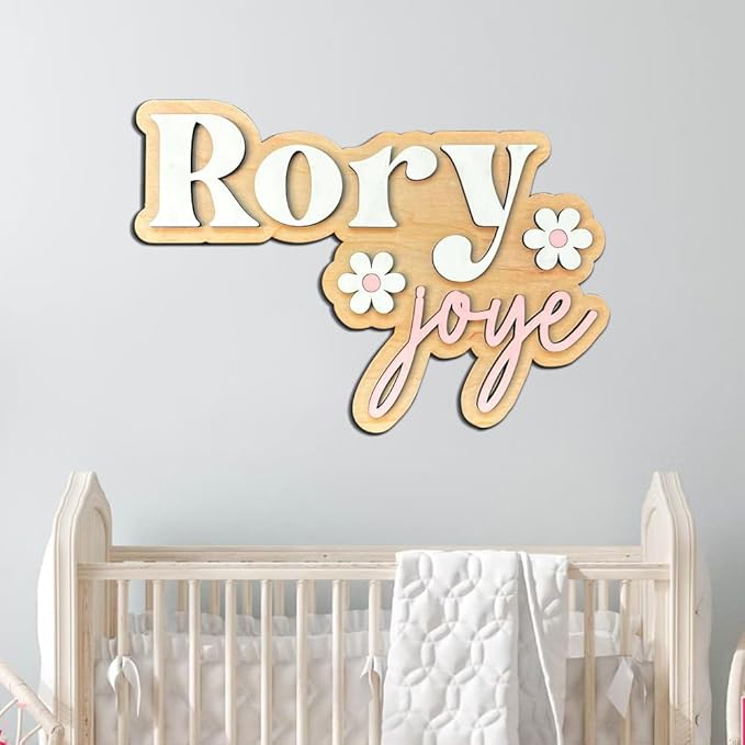 Personalized Nursery Name Sign, Custom Wooden Name Sign with Flowers, 3D Layered Wood Wall Decor for Baby Girl Room, Boho Floral Kids Room Name Plaque, 2 Layer /1