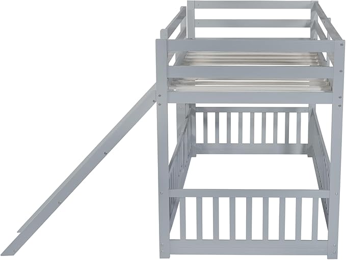 Twin Over Twin Bunk Bed with Slide and Ladder, Wood Floor Bunk Bed Frame with Door and Safety Guardrails for Kids Teens Boys Girls, No Box Spring Needed
