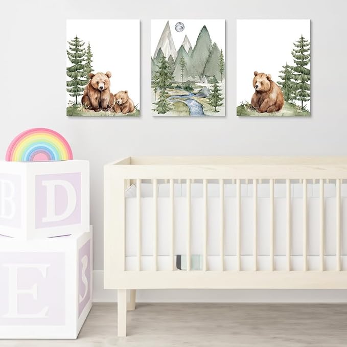 Baby Bear Nursery Wall Art, Cute Bears Wall Decor, Watercolor Green Mountain Forest Wall Art, Woodland Camping Nursery Decor Print, Nature Art for Boy Girl Toddler Bedroom, Framed Canvas, 16"x24"x3