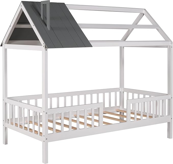 Merax Twin House Bed for Kids,Wood Twin Bed Frame House-Shaped Bed Platform Bed Frame with Roof Windows and Full-Length Safety Rails White+Grey