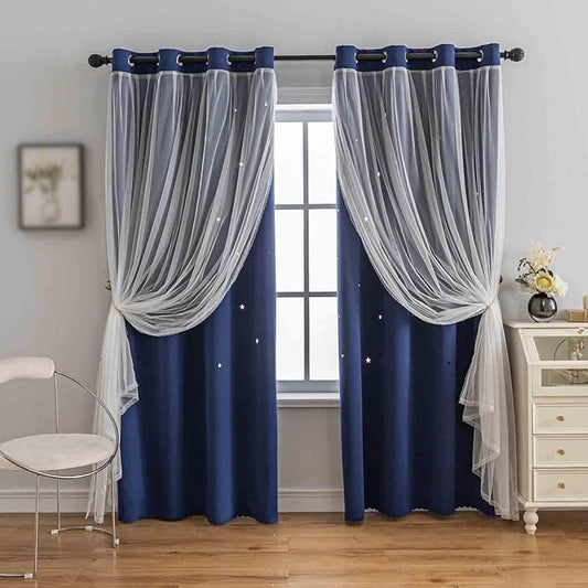 Anytime Romantic Kids Curtain,Hollow-Out Stars Window Curtain Double Layer Blackout Curtains for Girls Bedroom Kids Room 2Panel,(W52 x L84,Navy Blue)