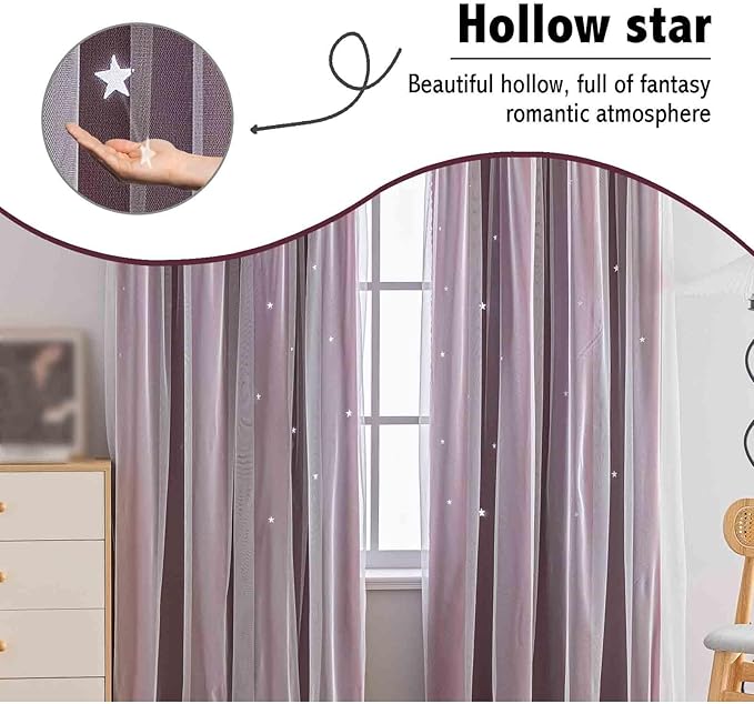 Anytime Romantic Kids Curtain,Hollow-Out Stars Window Curtain Double Layer Blackout Curtains for Girls Bedroom Kids Room 2Panel,(W52 x L95,Wine Red)