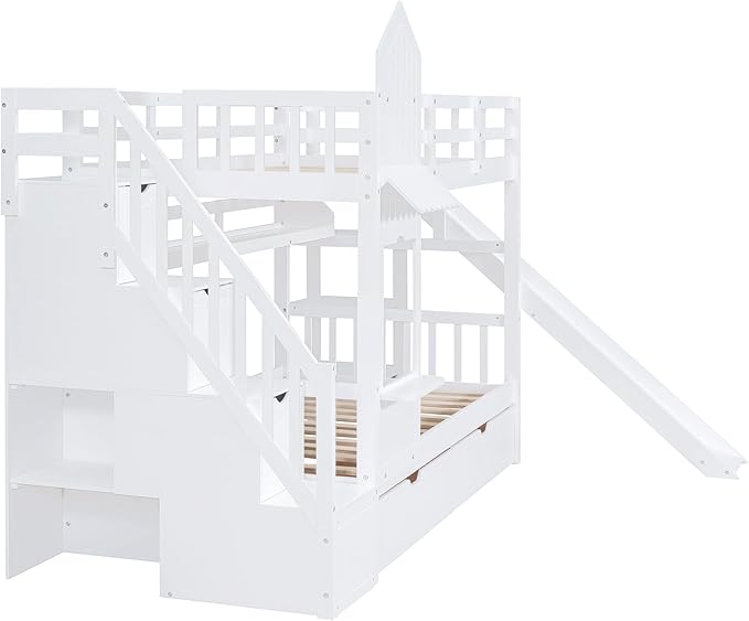 Twin-Over-Twin Castle Style Bunk Bed with 2 Drawers and 3 Shelves, Wood Bunk Bed Frame with Slide and Storage Staircase for Kids Teens Boys Girls, Maximize Space Savings