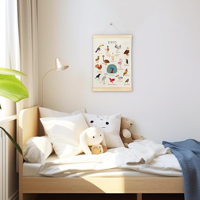 SereneHanctuary Bird Wall Art, Boho Educational Nursery Wall Decor, Birds Animal Poster Hanger Frame for Toddler Kids Room Bedroom Nursery Playroom Classroom Decor,12x16 Inches