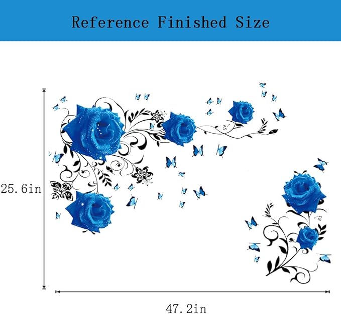 Supzone Blue Rose Wall Stickers Rose Flower Vine Wall Decal Blue Peony Floral Wall Decor DIY Vinyl Mural Art for Bedroom Living Room Sofa Backdrop