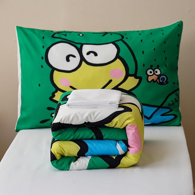 KAREVER Cartoon Toddler Bedding Set Frog Smail Print 4 Pieces Crib Bed Set Kids Reversible Green White Comforter Set