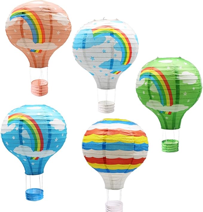 Hanging Rainbow Hot Air Balloon Paper Lanterns Set Party Decoration Birthday Wedding Christmas Party Decor Gift, 12 inch, Pack of 5 Pieces