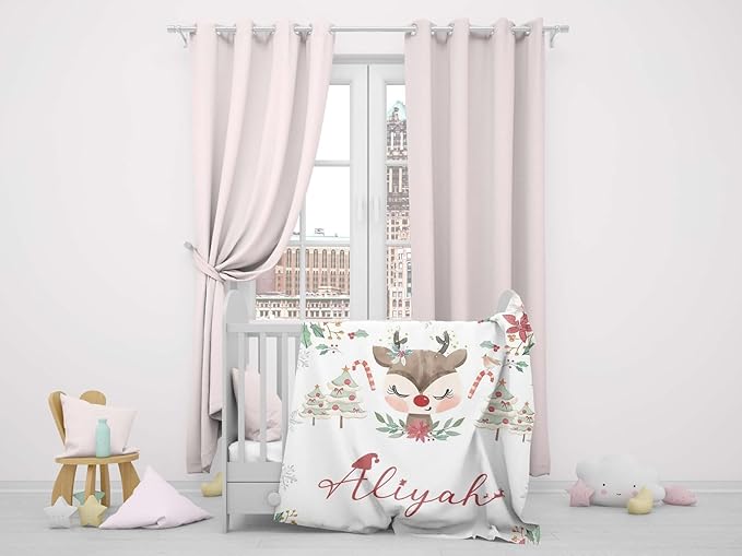 Personalized Baby's First Christmas Blanket, Custom Winter Reindeer Nursery Baby Name Christmas Blanket, Soft Fleece Or Sherpa Throw, Baby Shower, Made in USA
