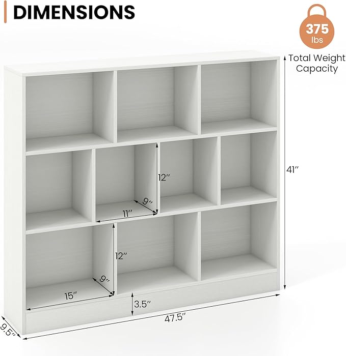 Costzon 10-Cube Bookshelf for Kids, Wooden Toy Storage Organizer w/ 2 Anti-Toppling Kits, 3 Tier Open Shelves & Non-Slip Foot Pads, Montessori Toy Shelf for Kids Rooms, Playroom, Classroom, Nursery