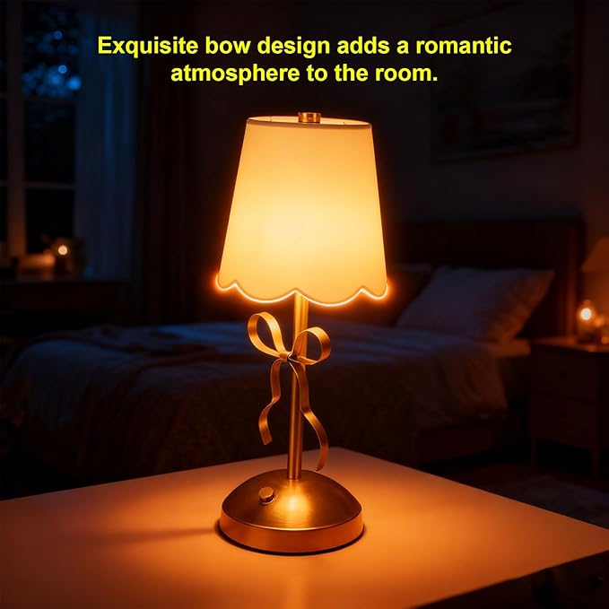 Zunate Bow Table Lamp, Rechargeable Cordless Bedside Lamp with Fabric Shade, Touch Control & Dimmable Brightness,Cute Decorative Metal Light for Bedroom, Nursery, Living Room