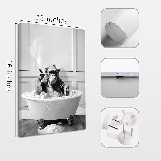Framed Black and White Bathroom Wall Decor, Funny Animals Canvas Wall Art, Cute Otter Holding A Roll of Toilet Paper, Chimpanzee in Bathtub and Cat Reading Newspaper on the Toilet Pictures 16'' x 12''