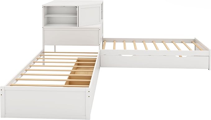 Harper & Bright Designs Twin L-Shaped Corner Bed with Trundle, Double Twin Beds in One, 3-in-1 Platform Bed with Built-in Nightstand and LED Light for 2 Kids
