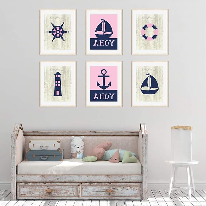 Andaz Press Girls Ocean Nautical Sailor Theme Nursery Kids Bedroom Hanging Wall Art Decor, 8.5x11-inch, Pink Navy Blue, Ahoy, Boat, Anchor, Lighthouse, 6-Pack, Unframed Room Poster