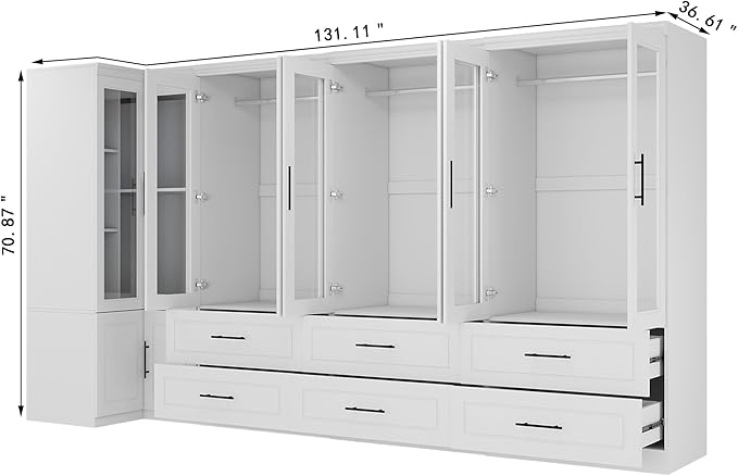 Armoire Wardrobe Closet with 8 Door: White Wood Wardrobe Closet Wooden Combination Corner Cabinet Bedroom Armoire with Hanging Rods for Home/Bedroom/Living Room