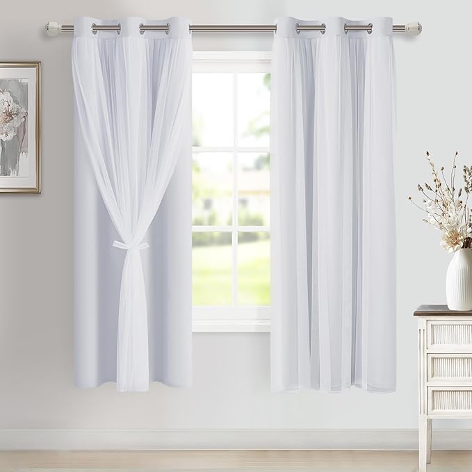 DWCN White Blackout Curtains with Sheer Overlay Thermal Insulated Mix & Match Double Layer Window Panels for Bedroom Living Room Drape Sewn with Tiebacks Grommet Top 38" Wx63 Lx2