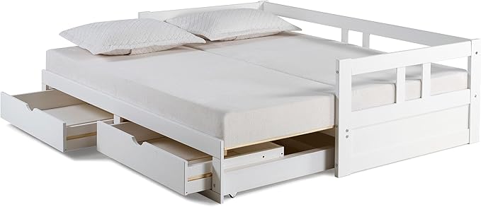 Alaterre Furniture Melody Twin to King Extendable Daybed with Trundle and Storage Drawers – Solid Pine Wood Kids Bed Frame with Headboard – Guest Bed for Boys, Girls, Toddlers, or Teens (White)