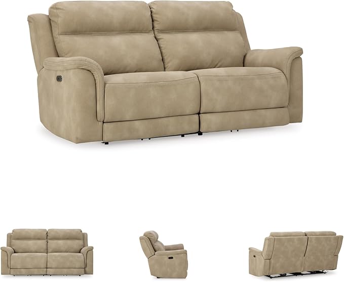Signature Design by Ashley Next-Gen DuraPella Power Reclining Sofa with Adjustable Headrest, USB, Extended Ottoman, Faux Leather, 80" W x 42" D x 42" H, Beige Sand