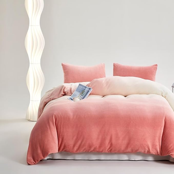 Houseri Pink White Gradient Velvet Duvet Cover Twin Fluffy Blush Pink Sherpa Bedding Duvet Cover Sets Extra Soft Comfy Flannel Fuzzy Light Pink Ombre Duvet Covers Twin Size
