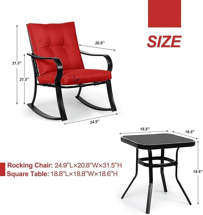 Oakcloud Oakmont Outdoor Furniture 3 Piece Conversation Bistro Set Rocking Chairs and Glass Top Table, Thick Cushions, Black Steel (Red)