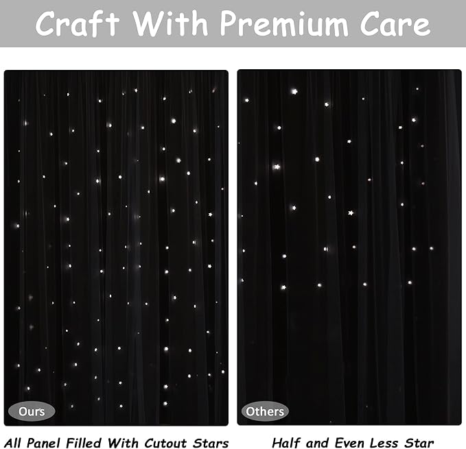 Kinryb Blackout Small Curtains for Girl Living Room/Classroom, Sheer Overlay 2 Free Tiebacks, Double Layer Curtains with Star Cutout for Kids Room(W 52 x L 45 Inches,Greyish White 2 Pcs)