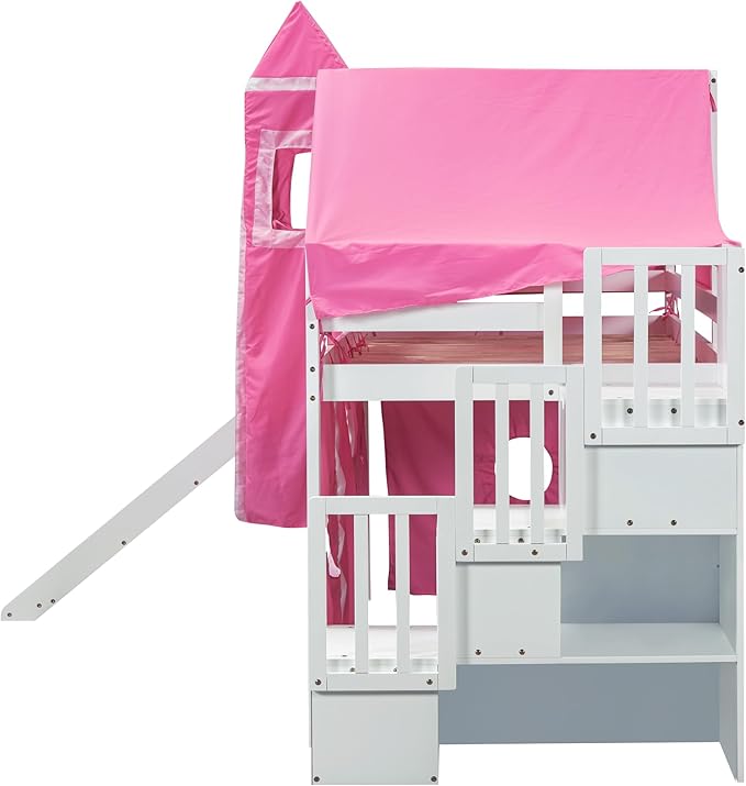 Playhouse Twin Size Low Loft Bed with Slide & Tent and Tower, Solid Wood Tent Bed Frame with Storage Staircase for Kids Teens Boys Girls, Versatile Spacious Under Bed Space with Curtains (Pink-TST)