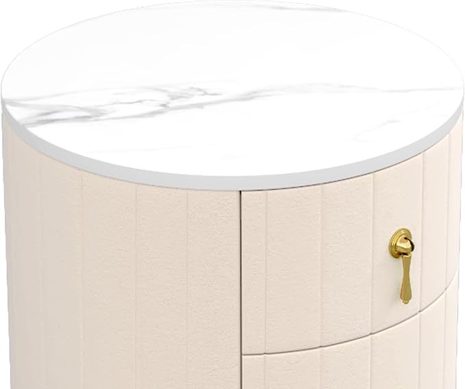 Bellemave Set of 2 Upholstered Nightstand with 3 Drawers, Two Round Bedside Tables with Metal Handles, Velvet End Tables, Marbling Stickers Top Nightstands (Beige)