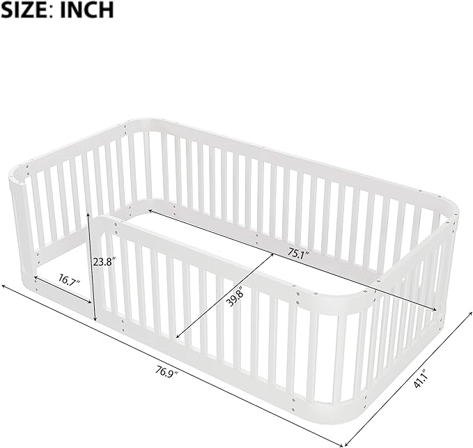 Bellemave Twin Floor Bed with High Fence and Rounded Corner Design, Twin Size Montessori Floor Bed with Entrance, Easy Assemble Montessori Bed Frame, White