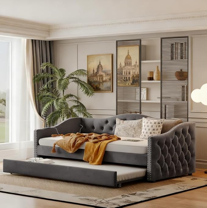 Bellemave Twin Upholstered daybed with Trundle and USB Charging, Velvet Tufted Sofa Bed Twin Size, daybed with Trundle for Adults, Kids, Girls, Teens, for Living Room, Grey