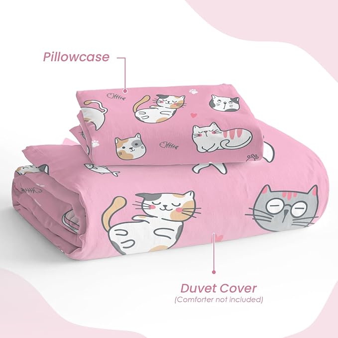 Cat Duvet Cover Sets Twin Size for Kids Girls, Include 1 Polyester Comforter Cover 68x86 Inches and 1 Pillowcase 20x26 Inches, Comforter Not Included, Gift for Christmas Birthday