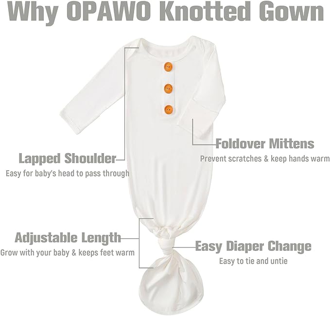 OPAWO Knotted Gown Baby Newborn Sleepers Baby Boy Coming Home Outfit, Bamboo Viscose Baby Gowns with Mitten Cuffs and Hat Set