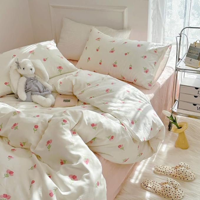 Nayoroom Pink Floral Comforter Set Queen Size Coquette Tulip Printed on White Comforter 3 Pcs Kids Girls Soft Lightweight Cute Bedding Set for All Seasons (1 Comforter, 2 Pillow Shams)
